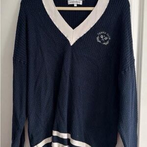 WeWoreWhat Navy and Cream V-Neck Sweater